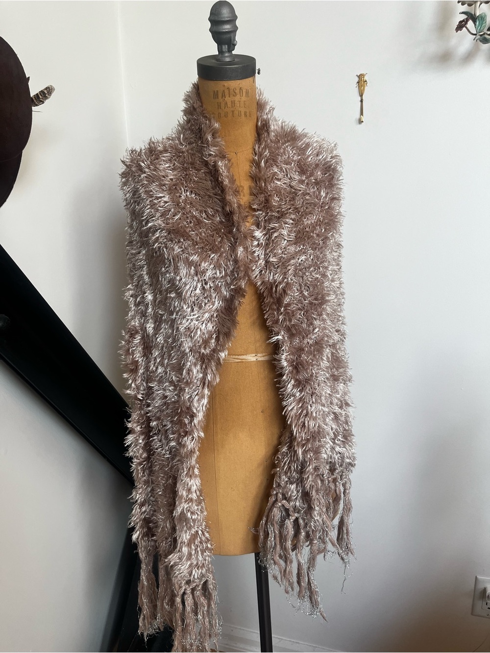 Dusty rose and silver threaded wool hand knit Shawl